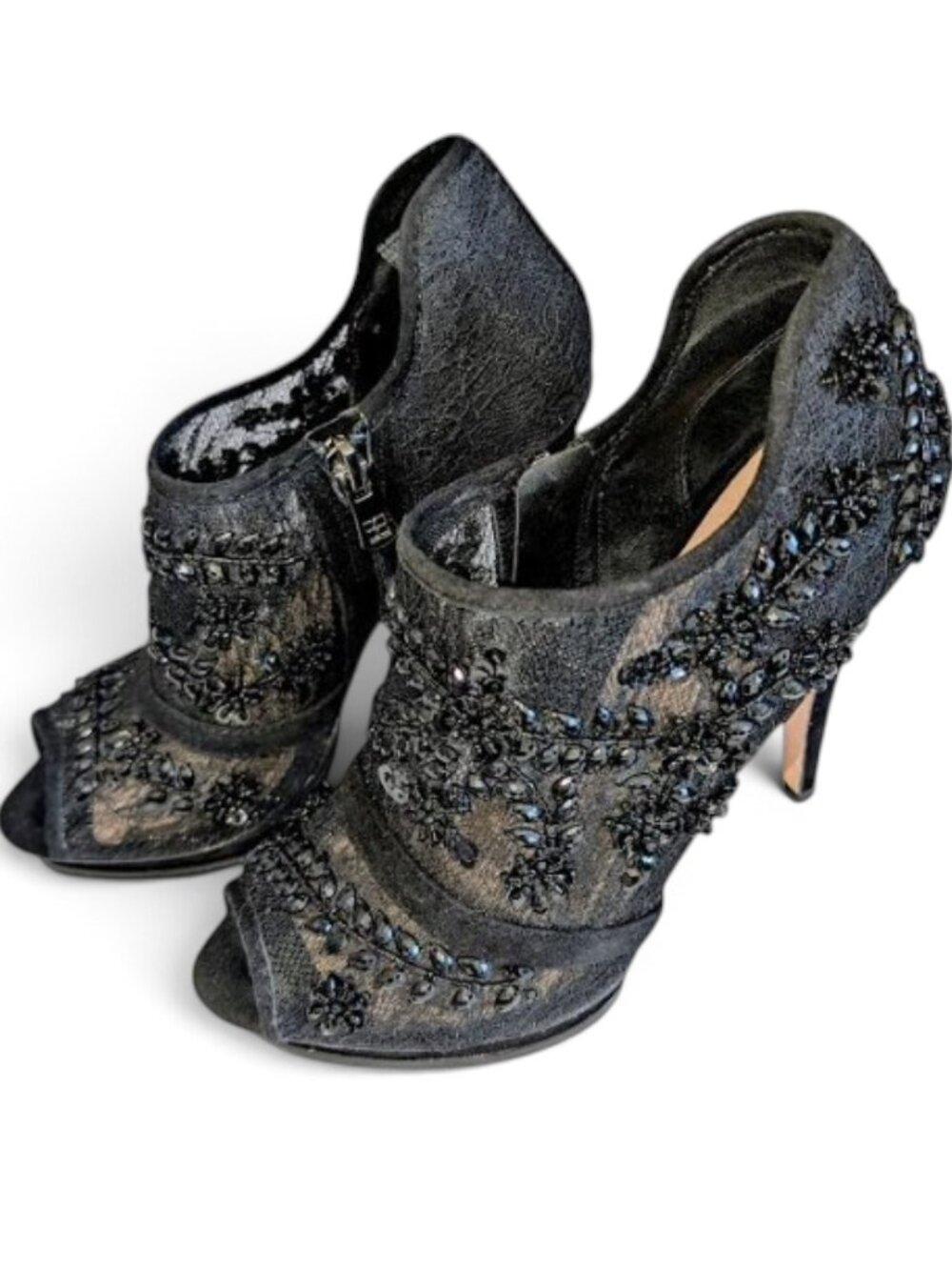 NIB BCBGMAXAZRIA Black Lace Beaded Nikki Heeled Ankle Peep Toe Booties Shoes 6